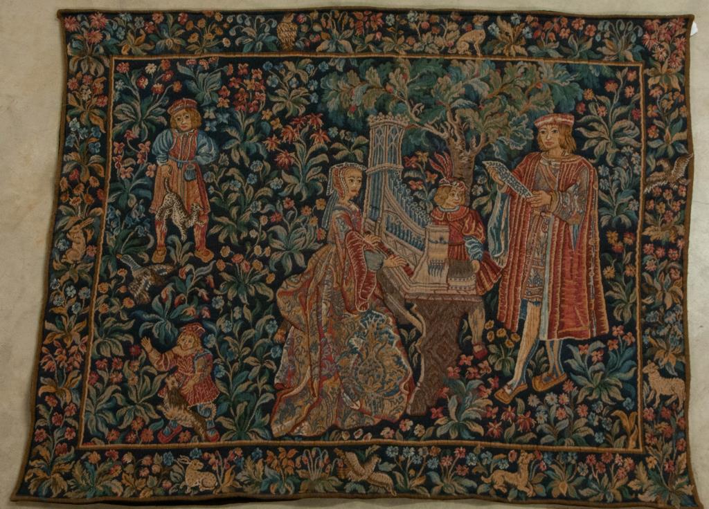 French Tapestry Wall Hanging, "Lady at the Organ": Heavy French tapestry, 20th century, label verso "PIR International / Woven in France", metal hardware on back for hanging; approximately 62"W x 49"H; good condition