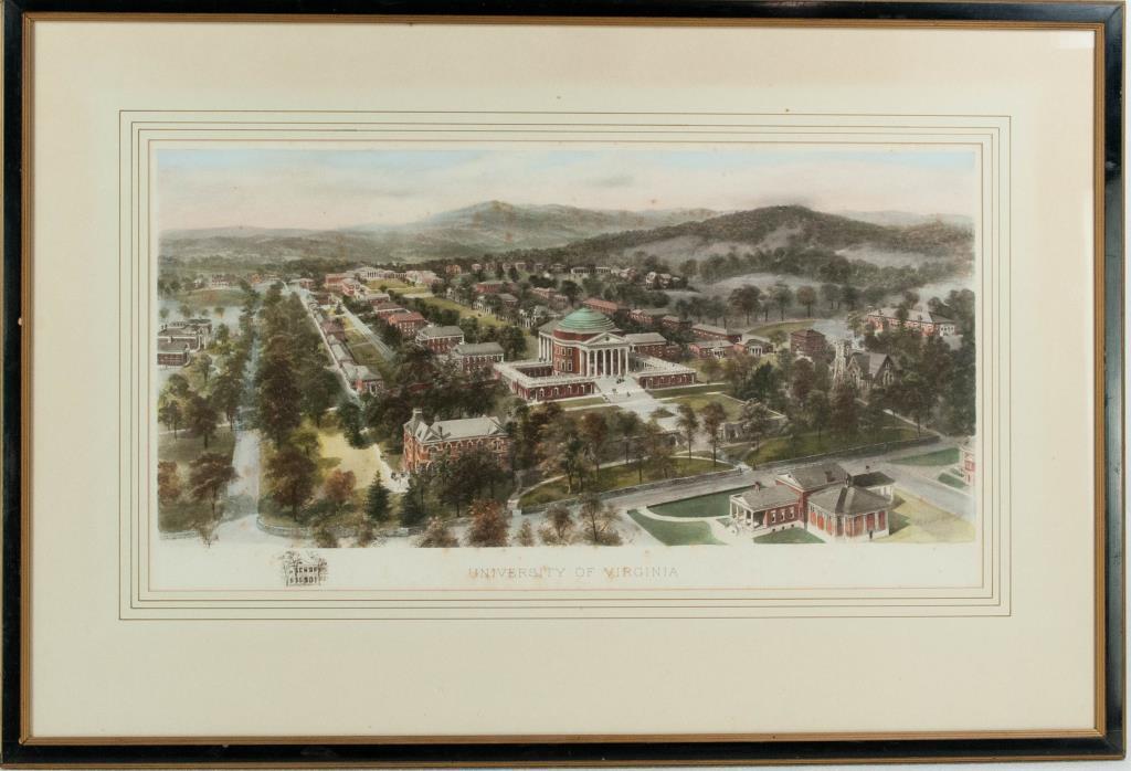 Rummell Bird's Eye View of Univ. of Virginia: Richard Rummell (1848-1924) hand colored lithograph depicting a bird's eye view of the University of Virginia, Charlottesville; remarque of building lower left margin; signed in plate; matted and unde