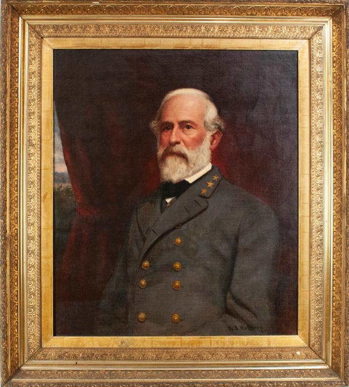 George Bagby Matthews, Portrait of Robert E. Lee: George Bagby Matthews (VA/D.C., 1857-1944), oil on canvas portrait of Confederate General Robert E. Lee wearing his uniform, white hair and beard, painted in front of a red-draped window with distant 