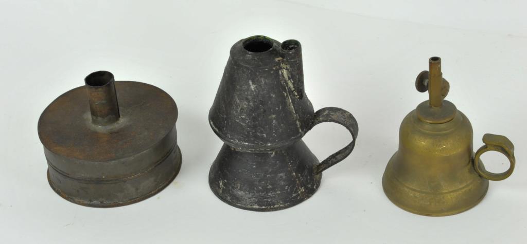 Tin Petticoat Lamp & Tinder Box, Brass Oil Lamp: Three 19th century lighting related items: 1. Tin petticoat lamp with strap handle, underside fitted for peg support; 4 3/4"H---2. Tin tinder box having cover with candleholder, ring-form handle; 5"W,