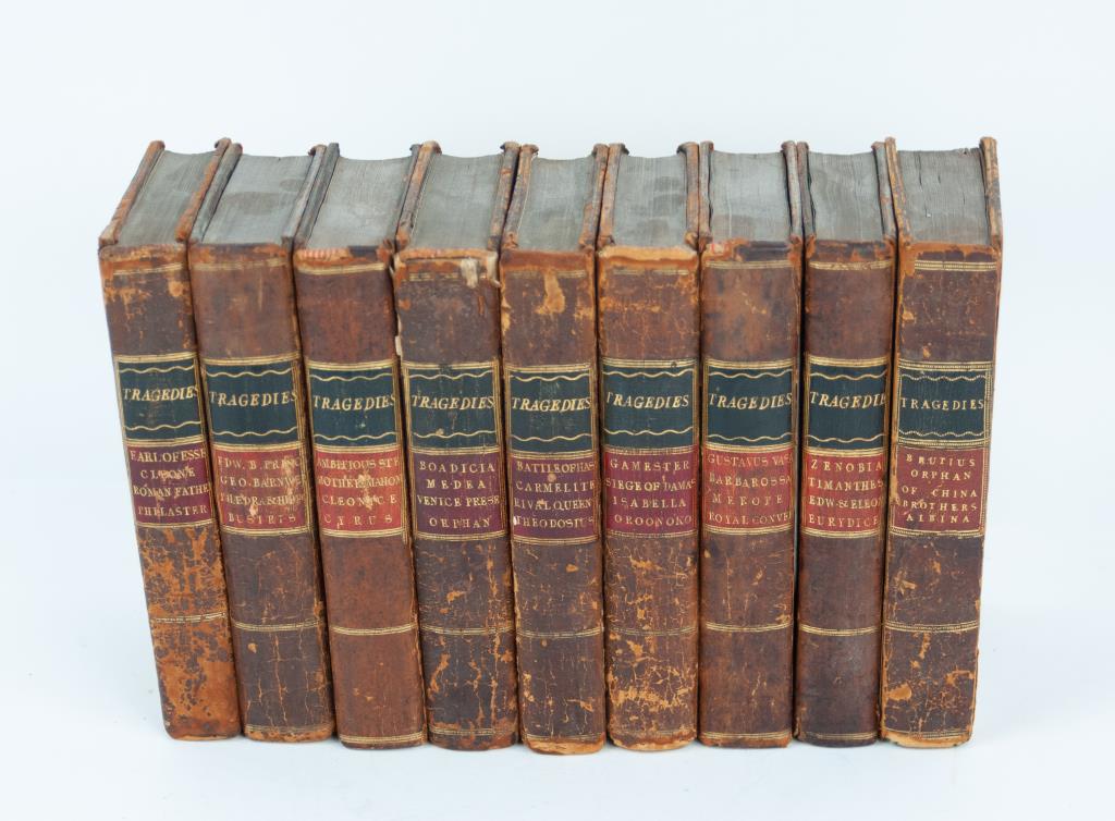 Set of Nine 18th C. Leatherbound "Tragedies": Bound in full brown leather with gilt lettering to black and red spine panels, : "The Gamester", Edward Moore, 1792: John Bell, British Library---"Gustavus Vasa", Henry Brooke, 1796: George Cawthorn, 