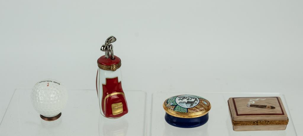 4 Limoges and Halcyon Days Porcelain Boxes: Limoges golf bag with clubs; Limoges cigar box with "Luxury Cigars" inside; Halcyon Days golf ball "Work is for people who don't play golf"; Halcyon Days oval box; all marked; all in good condition