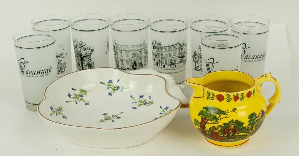 Savannah Glasses, Historic Charleston, Mottahedeh: Set of eight glass tumblers "Savannah / Georgia's Colonial Capital", each depicting an historic site within the city; 5"H; good condition---Historic Charleston Jeanne Reed's "Bourbon Sprig" shell form