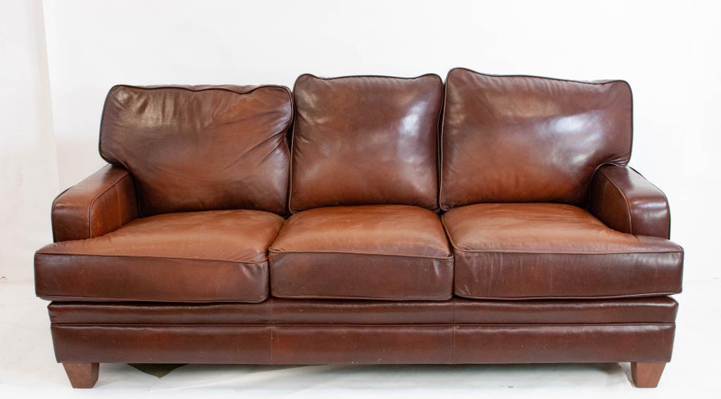 Brown Leather Sofa: Smith Brothers of Berne, 21st century; approx. 79"W, 40"D, 36"H; good condition overall with small spots and scratches commensurate with use (Ref. 786)