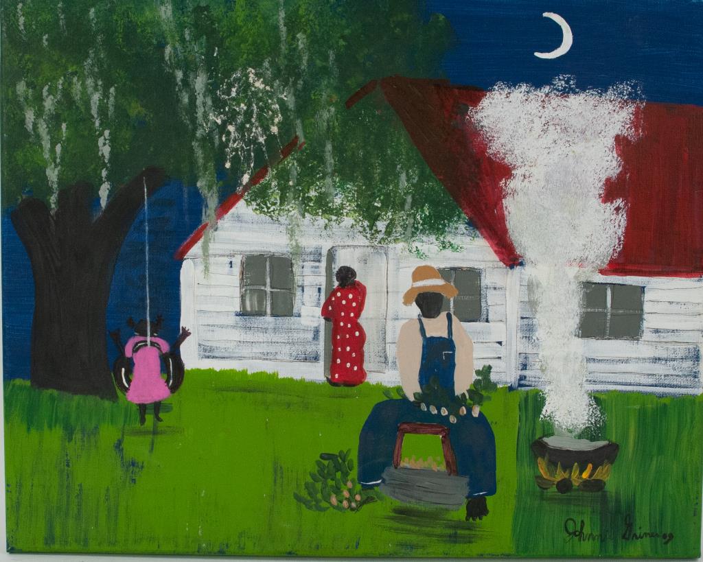 Johnnie Griner (Walterboro, South Carolina): Low Country P-Nut Boil, folk art acrylic on canvas depicting a rural homestead with male figure sitting and boiling peanuts in the front yard while a young girl plays in a tire swing and a female figu