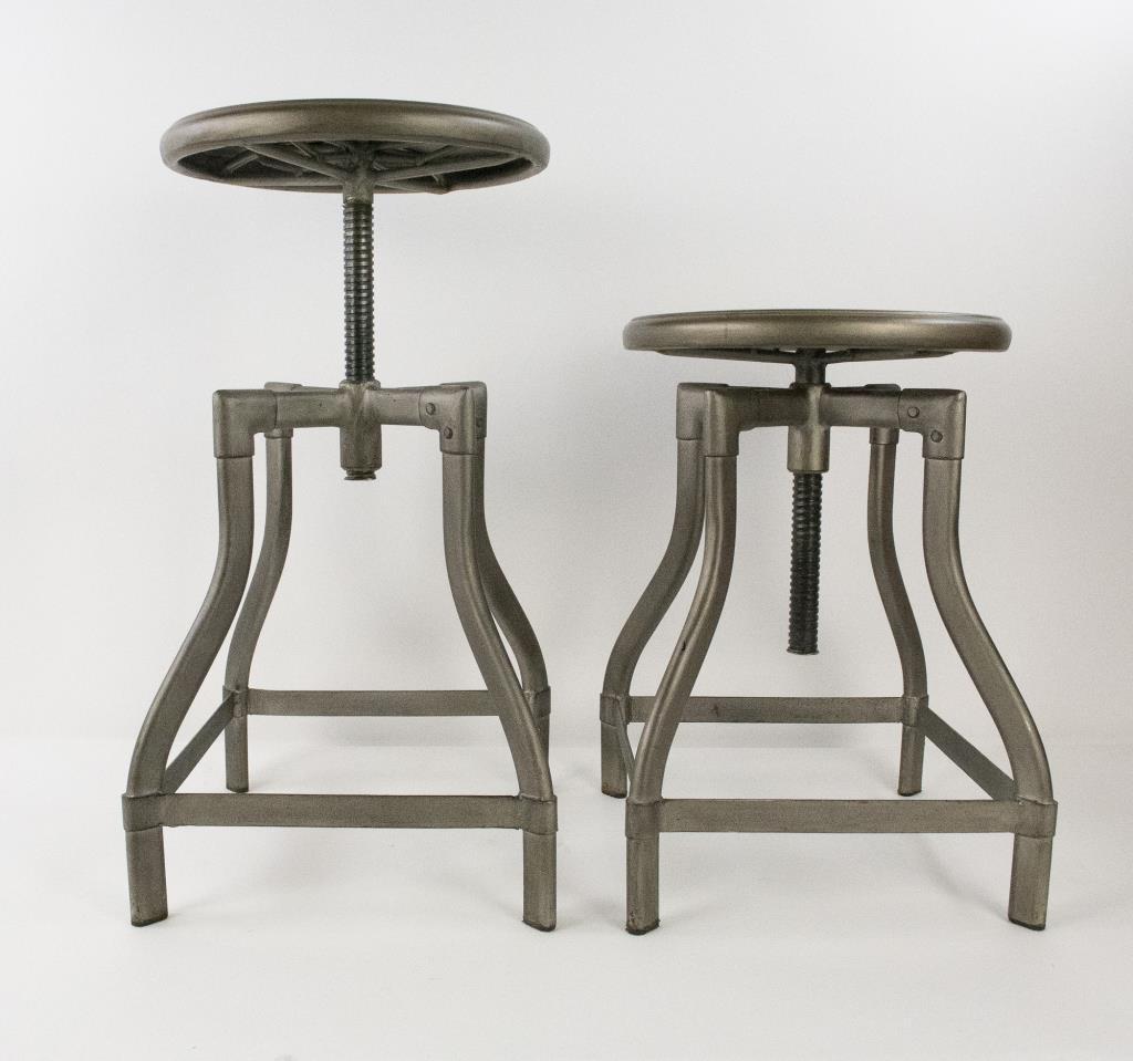 Pr. of Industrial Style Adjustable Metal Stools: Height adjustable from 18 1/2" - 24 1/2"; seat dia. 12 1/2"; base 13"W; good condition