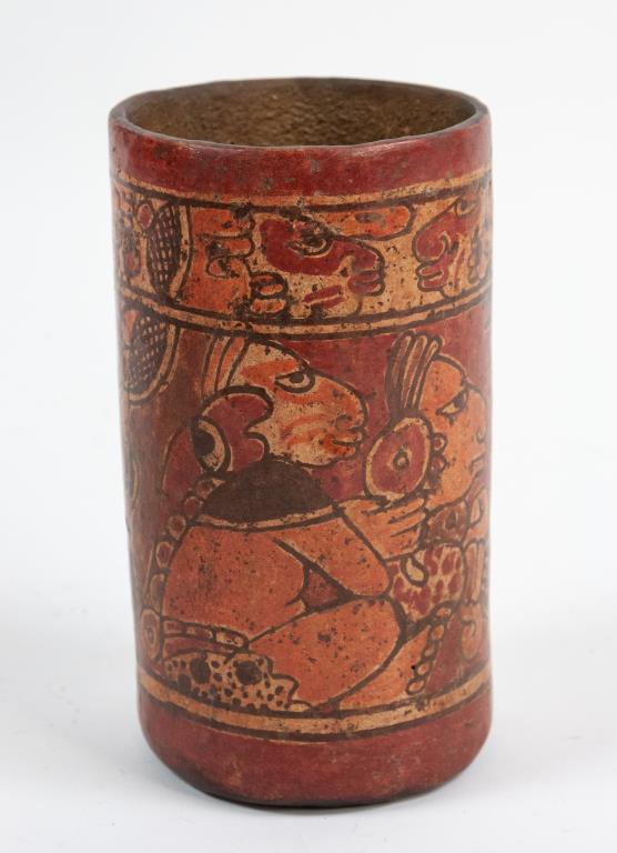 Mayan Clay Cylinder, AD 600-900: Mayan clay cylinder drinking vessel, AD 600-900; decorated with portraits of seated warriors in profile; red, orange and brown; with Certificate of Authenticity from Sadigh Gallery Ancient Art, New Yo