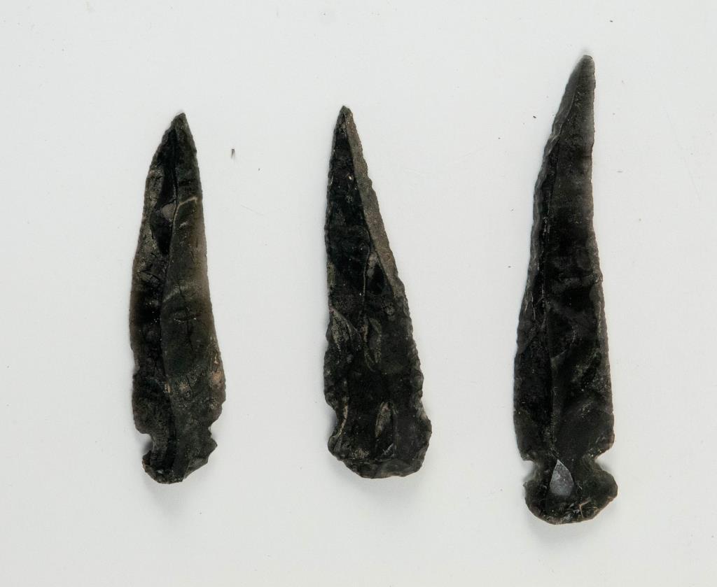 3 Mayan Obsidian Knives, AD 650: Each with Certificate of Authenticity from Sadigh Gallery Ancient Art, New York; approx. 3 1/4"L x 3/4"W; 2 1/2"L x 3/4"W; 2 1/2"L x 5/8"W (Ref. 800)