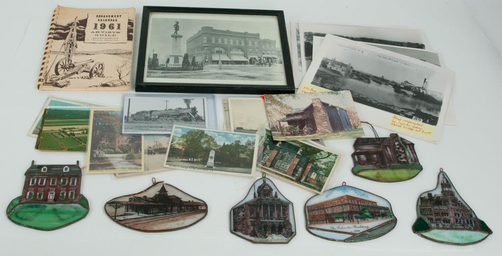 South Carolina Related Postcards, Photos, Etc.: Early framed black and white photograph of a Spartanburg street scene depicting Daniel Morgan Monument and corner building with "Greenewald" painted on the side, horse and carriage in the street; 10 3