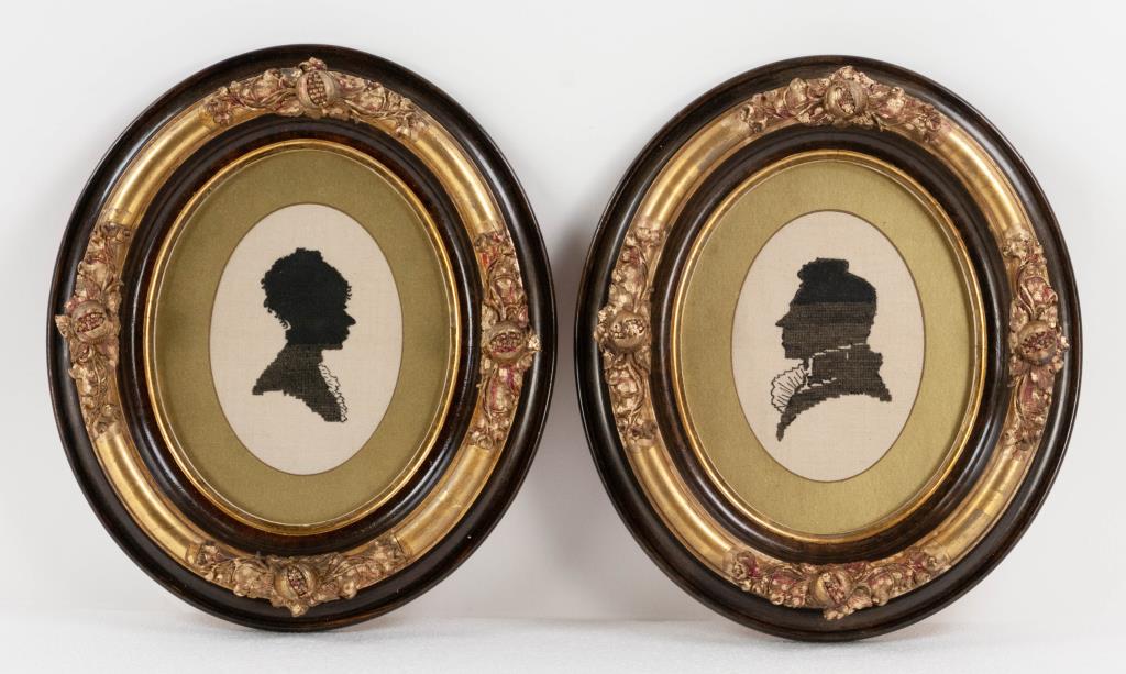 Pr. of 19th C. Grain Painted & Gilt Wood Frames: Oval with applied flowering pomegranate sprays on all four sides, each currently housing a stitched silhouette; rabbet approx. 7 1/2" x 9 1/2"; overall 12 3/4" x 14 3/4"; very good condition, small lo