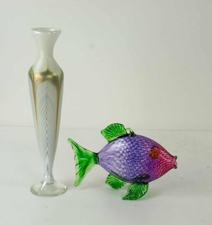 Stuart Abelman & Christopher Belleau Art Glass: 1. Art glass bud vase having an iridescent pulled feather design; signed "Abelman V250-58 1979"; 12 1/4"H; chip to underneath edge of foot rim---2. Art glass fish in hues of green, red and purple; sig