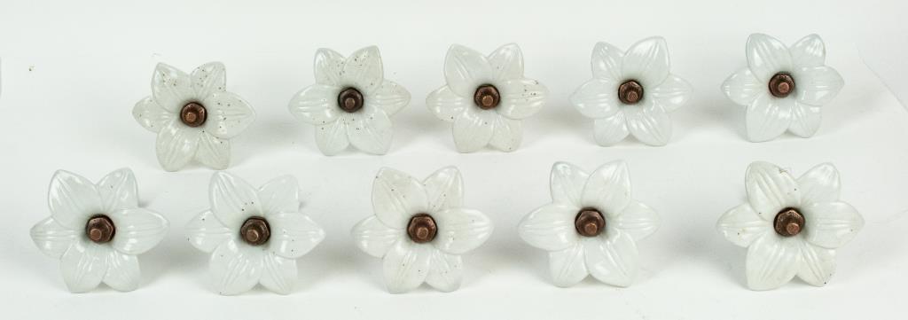 Set of Ten Ceramic Curtain Tie Backs: Set of ten ceramic six-petal white lily curtain tie backs, 20th century; 3 7/8" dia., 5 1/4"L; good condition (Ref. 95)