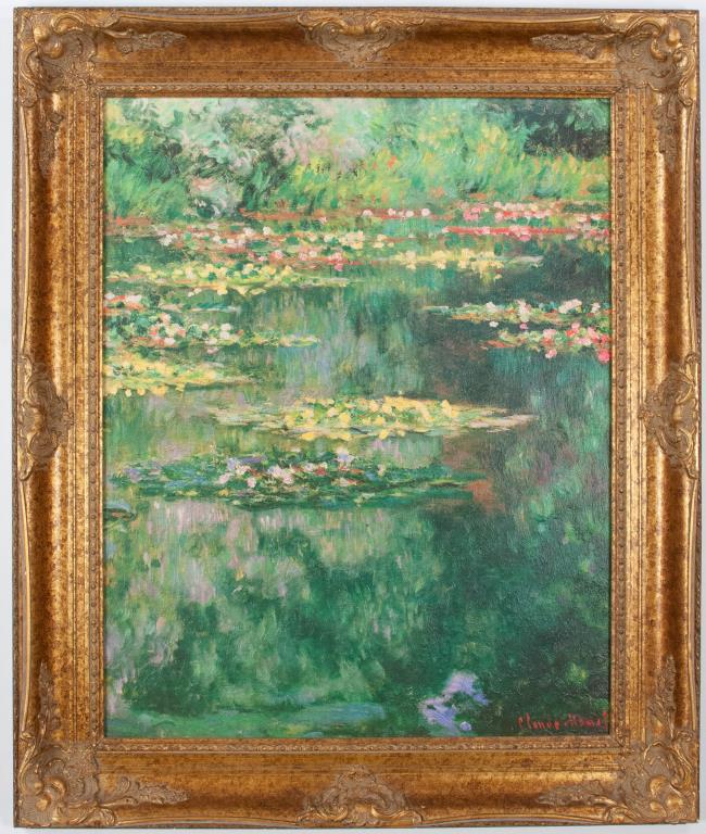Monet "Water Lily Pond", The Museum Shop: Framed reproduction on canvas of "Water Lily Pond" after the original by Claude Monet (1840-1926), verso stamped "The Museum Shop Brushstrokes Collection", comes with Certificate of Authenticity numbe