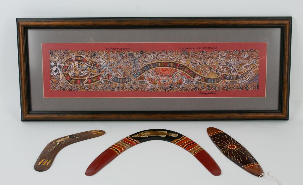 Danny Eastwood & Other Aboriginal Art: Four items, all late 20th/early 21st century: 1. "Rainbow Serpent", painting on cloth, signed lower right "Â© Danny Eastwood"; matted and under glass in wood frame; sight 24 3/4"W x 6 1/4"H; frame 3