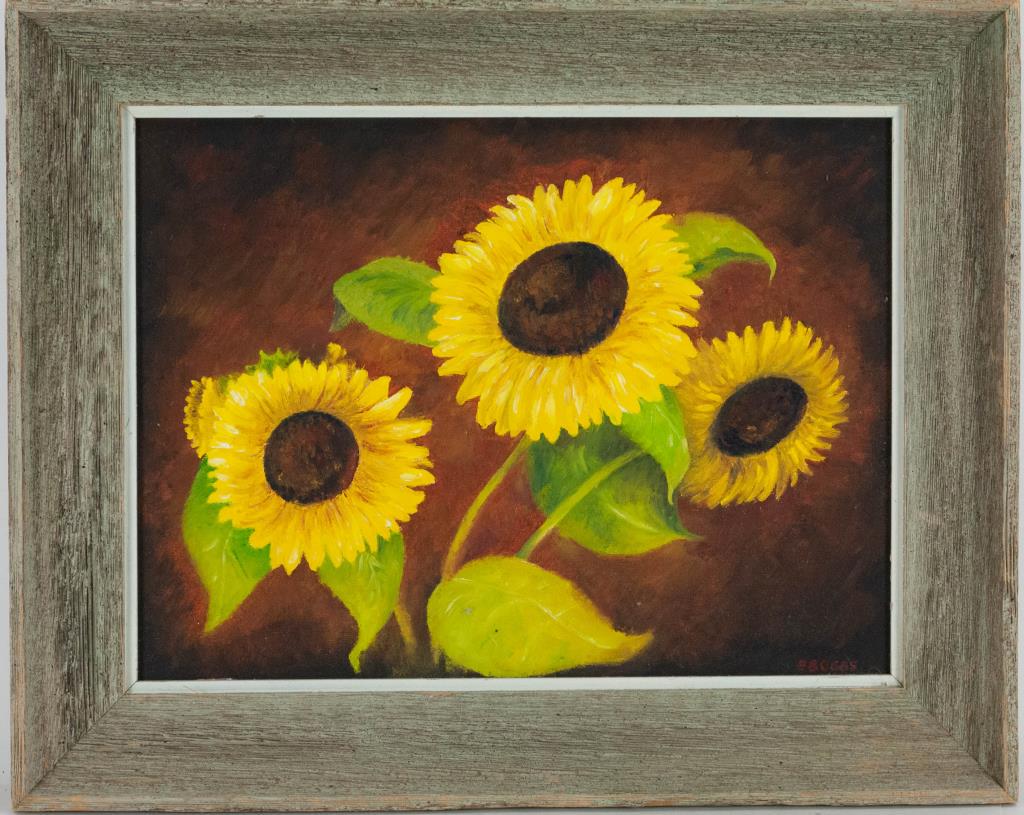 Sunflowers, Oil on Artist Board: 20th century, signed lower right "G Boggs", wood frame; sight 15 1/2"W x 11 3/4"H; frame 20 1/2"W x 16 1/2"H; good condition---Dr. Jeffrey Willis Estate, Spartanburg, SC (Ref. 81)