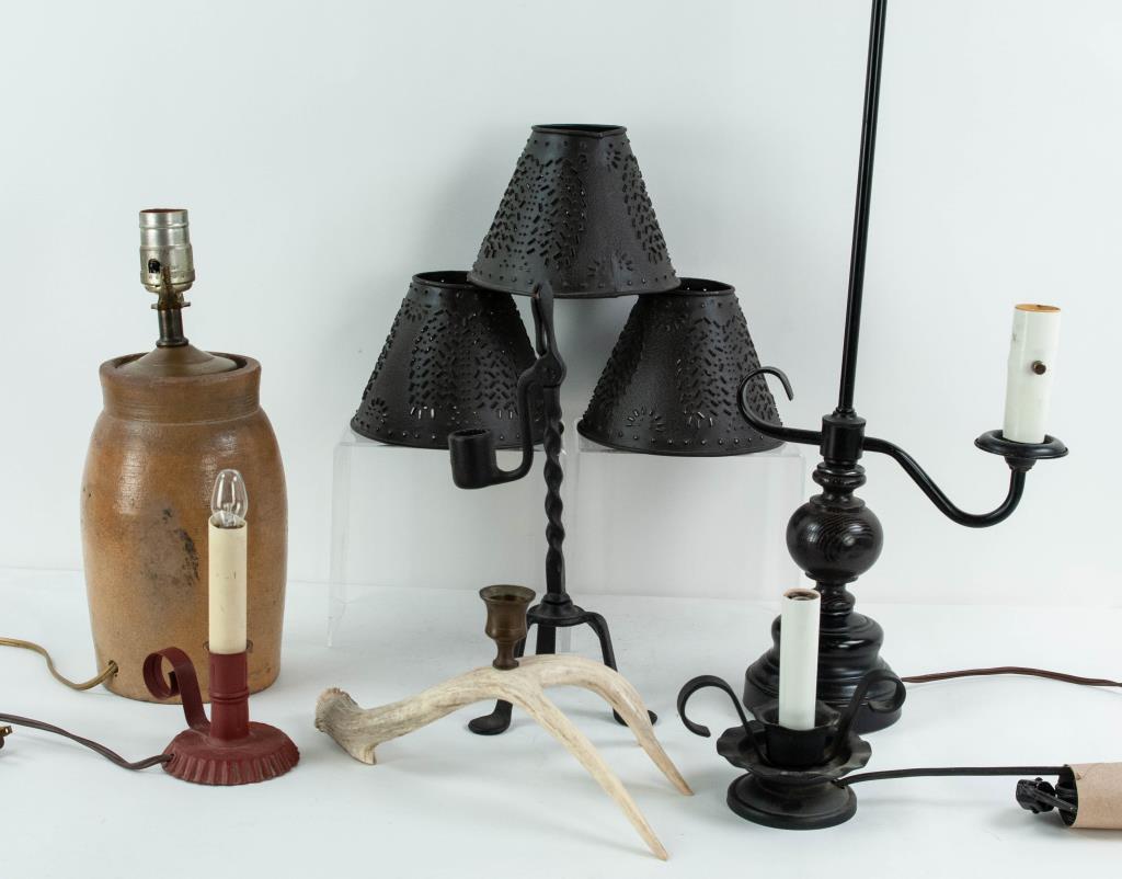 Lot of Nine Country Lighting Items: 1. Stoneware jar mounted as a lamp; 12 1/2" to top of socket---2. Antler candlestick; approx. 11" x 6 1/2", 5"H---3. Two small candlestick form electric metal lamps, 20th century; 5 1/4"H and 6"H---4.