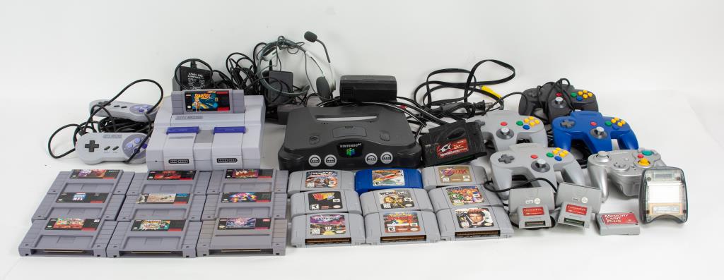 Two Nintendo Systems w/ Games: 1. One Nintendo 64 console, one power source, four controllers, one power pack, one memory card, one Nintendo 64 transfer pak, two tremor paks, one multi out cord ( lacking cord that connects console 