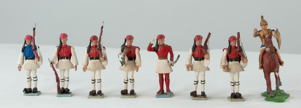 8 AOHNA Military Miniatures: One on horseback and seven on foot, each marked on base "Made in Greece AOHNA"; two with repair to arm---Dr. Jeffrey Willis Estate, Spartanburg, SC (Ref. 91)