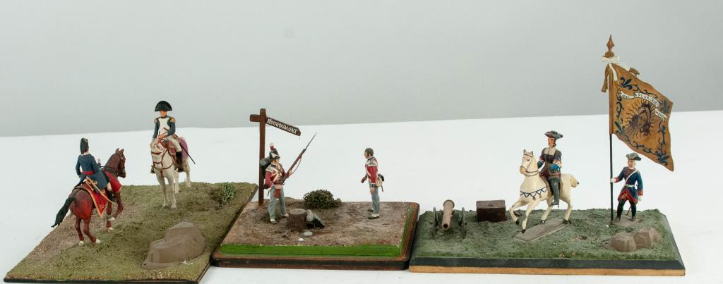 Three Lead & Plastic Soldier Vignettes: Each mounted on board: 1. Plastic or composite Lord Wellington and Napoleon approaching each other on horseback; 8" x 6", 3 1/2"H---2. Two plastic or composite British soldiers at an encampment withHo