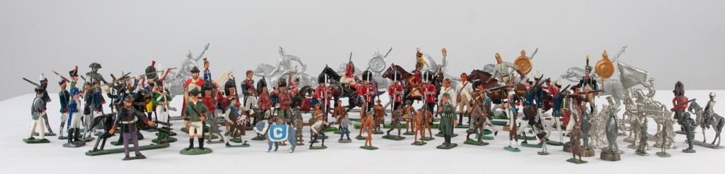 Approximately 100 Toy Soldiers: Mostly lead and metal; marks include Britains, Spain, Alan, Lesch, Pewter; possible losses and / or repairs---Dr. Jeffrey Willis Estate, Spartanburg, SC (Ref. 91)