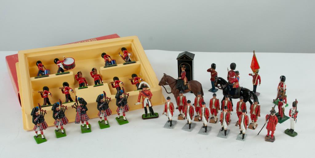 Assortment of Toy Lead Soldiers: 37 figures including: Boxed Britains Scots Guards Drums and Bugles, hand painted metal models, ten figures; Two Queen Elizabeth on horseback, one marked "Made in England"; One Lord Nelson, unmarked; F