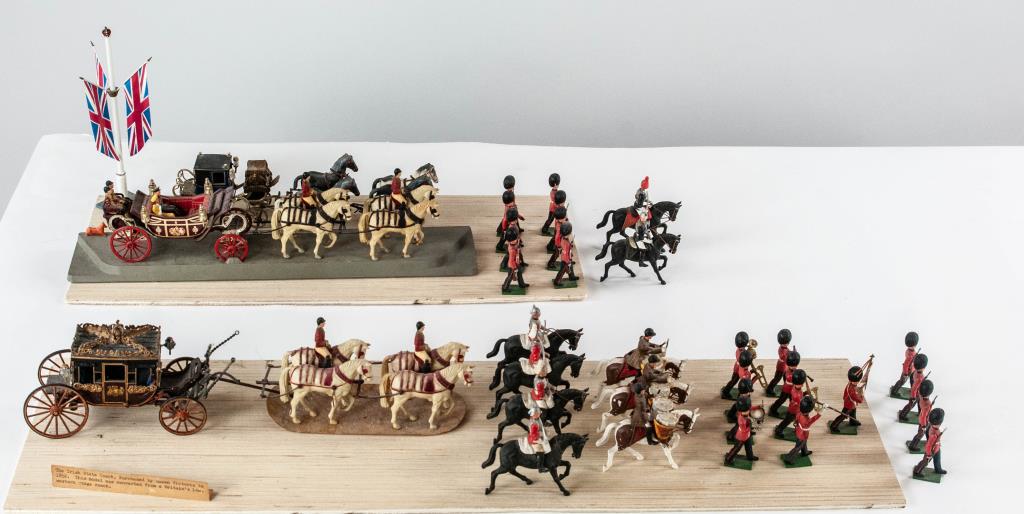 Britains Ltd. Irish State Coach, Soldiers. Other: Britains Ltd. plastic Irish State Coach pulled by four plastic horses, includes six Britains black plastic horses with riders, three Britains white plastic horses with riders, twelve Britains plastic
