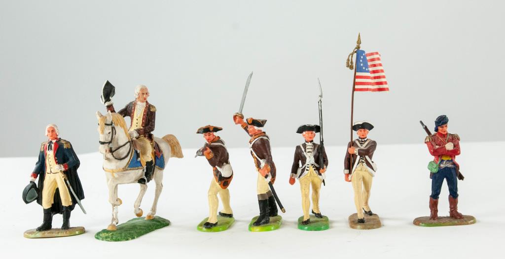 Elastolin American Revolution Figures: Seven total figures: Six Elastolin American Revolution figures including George Washington on horseback and on foot---One Elastolin frontiersman figure; good used condition---Dr. Jeffrey Willis Estate