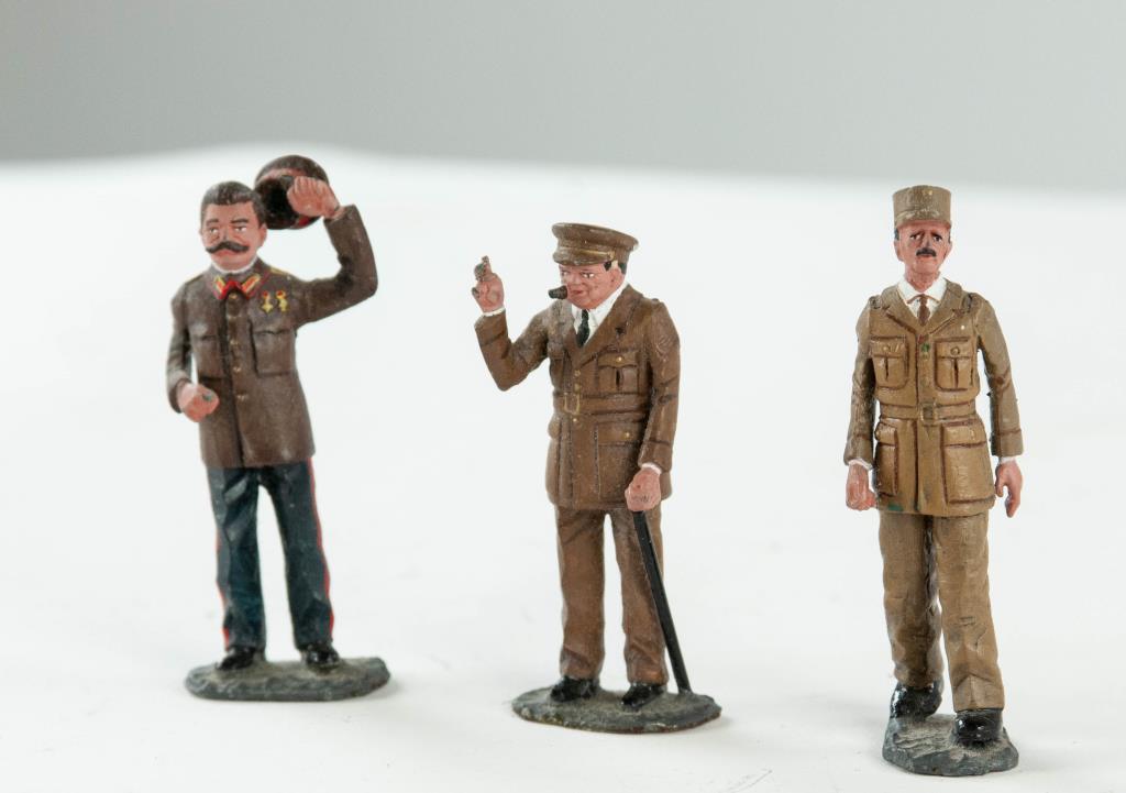 Churchill, De Gaulle, Stalin Toy Lead Figures: Stalin figure marked "Spain"; tallest 2 5/8"H; paint loss---Dr. Jeffrey Willis Estate, Spartanburg, SC (Ref. 91)
