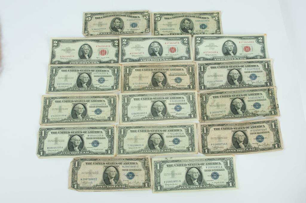 U.S. Silver Certificates and Red Seal $2: (11) $1 silver certificates; (2) $5 silver certificates; (3) $2 red seals (Ref. 1)