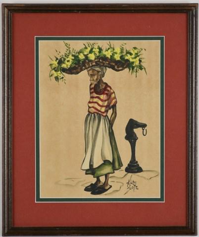 Alice Scott (Charleston, SC, 1924-2005): Flower seller, 1946, signed "Alice Scott 46" lower right, gouache on card, matted and under glass in wood frame; sight 6 3/4"W x 9"H; frame 11"W x 13 1/4"H; not examined outside of frame, appears to b