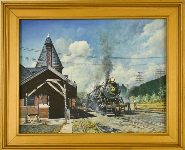 Tony Fachet (American, PA, 1945-1998): Oil on artist canvas panel, depicting B&O Steam Locomotive 4500 at station, signed lower right "Tony Fachet '92"; 28"W x 22"H; contemporary gilt wood frame 34 1/4"W x 28 1/4"H; very good condition (Re