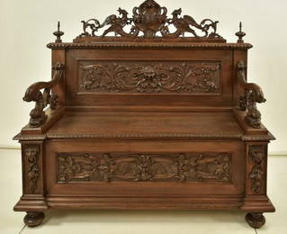 Impressive American Carved Walnut Hall Bench