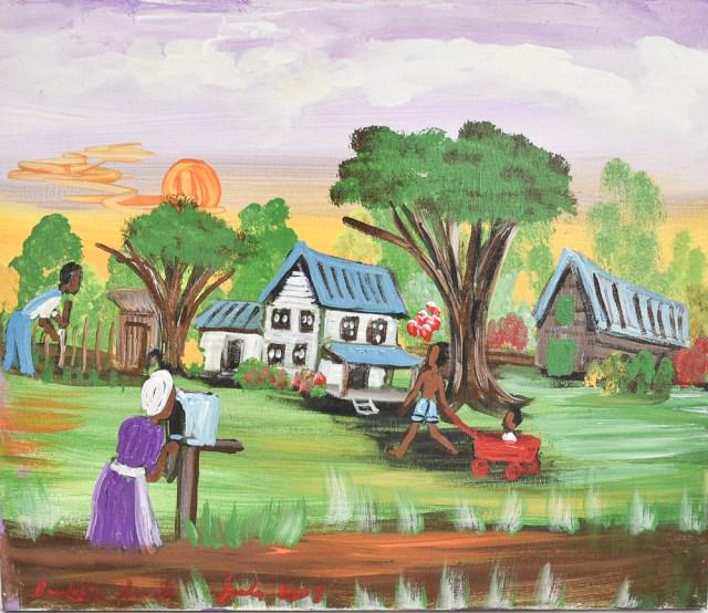 Geraldine Smith (South Carolina, 20th/21st C.): Colorful acrylic on board by Geraldine Smith, a self-taught African-American Southern folk artist; depicting a rural homestead with house, barn and outhouse; female figure at the mailbox, one child pu