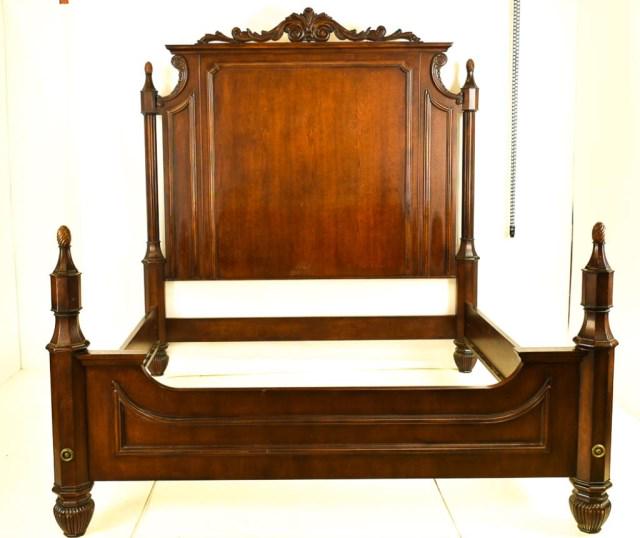 King Size Bed: Octagonal posts with spiral ribbed finials and tapering ribbed feet, headboard with scroll crest, mahogany/mahogany stained, late 20th century; interior dimensions 80 3/4"L, 76 3/4"W; headboard 90 1/2