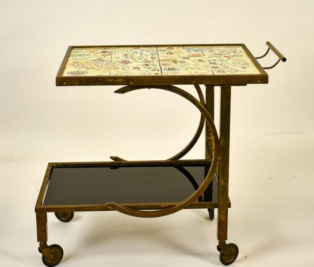Mid Century 2-Tier Brass, Tile & Glass Bar Cart (1 of 9)