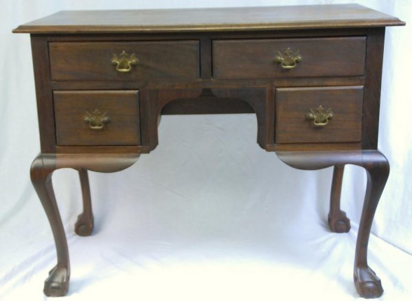 Colonial Revival Chippendale Lowboy c. 1910 hand m: Colonial Revival Chippendale Lowboy c. 1910 hand made mahogany Colonial Revival Chippendale lowboy; ball and claw feet; thumbnail edges on dovetailed drawers; inscribed on lower left drawer bottom "Ma