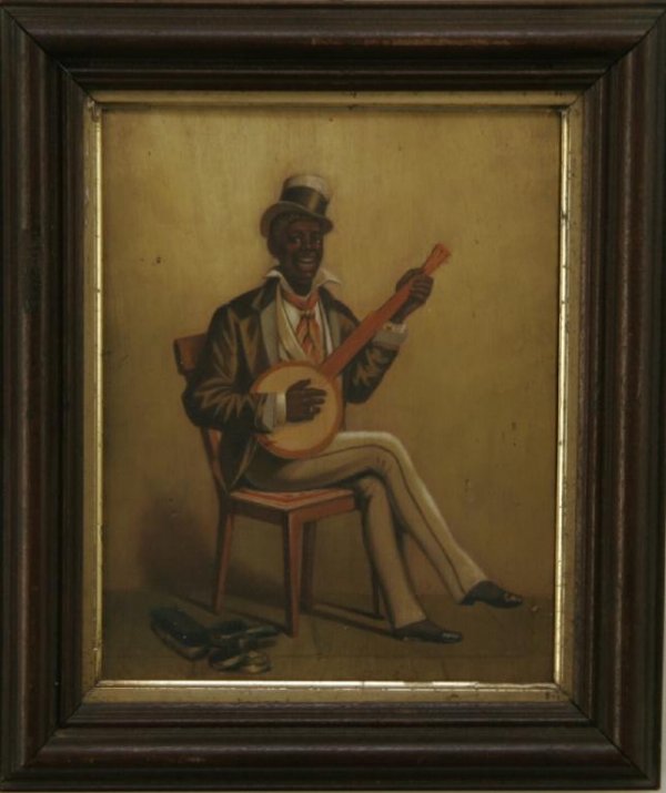 Oil on Wood of Young Black Minstrel Playing Banjo : Oil on Wood of Young Black Minstrel Playing Banjo Oil on wooden panel of young black minstrel dressed in suit, tie, top hat and playing banjo with shoe shine equipage in foreground; housed in c. 1850 