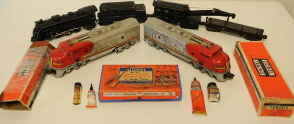 Lot of Lionel Engines, Cars, & Related Two Lionel Sa: Lot of Lionel Engines, Cars, & Related Two Lionel Santa Fe Engines 2333-20; Lionel Engine 027; Lionel Railroad Crane 2460 missing hook and cable; Lionel Log Car 3461 with three missing posts; Lionel T