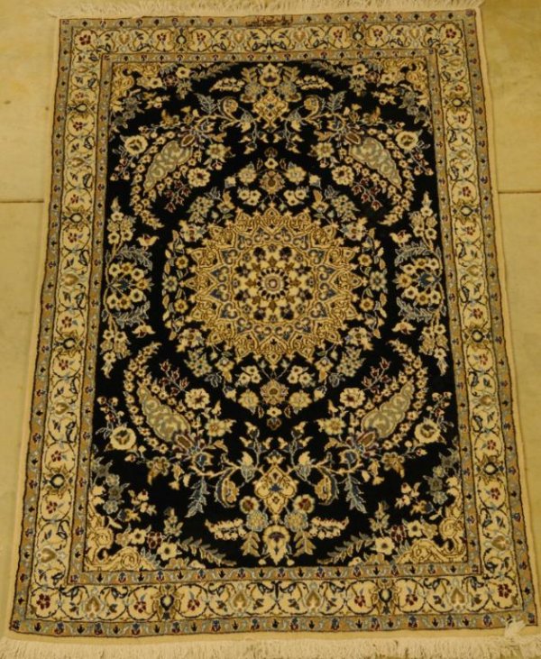 Contemporary Persian Nain Silk & Wool Rug Signed "I: Contemporary Persian Nain Silk & Wool Rug Signed "Iran Nain Habibian"; central medallion on midnight blue field; 5'10" x 3'8"