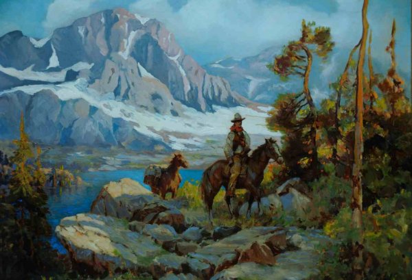 Academic Copy of Jack Wilkinson Smith Oil A very we: Academic Copy of Jack Wilkinson Smith Oil A very well executed academic copy of a Jack Wilkinson Smith (1873-1949) oil entitled "High Sierra Pack Trip"; oil on canvas; signed "after/Jack Wilkinson Smi