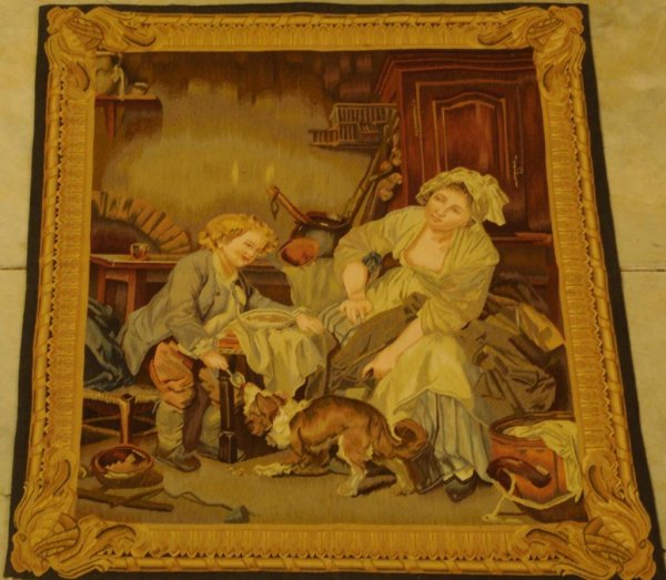 Needlepoint Tapestry Depicting an 18th century kitc: Needlepoint Tapestry Depicting an 18th century kitchen scene of child slipping his food to dog with mother looking on; 100% wool; 20th century; 43"W, 50"H