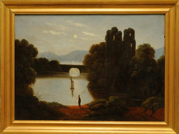 Primitive Hudson River School Painting River valle: Primitive Hudson River School Painting River valley with sailboats; c. 1870-80; gilt wood frame; image 23 1/4"W, 16 3/4"H; frame 27 1/4"W, 20 3/4"H; craquelure; flaking in area of sky upper left