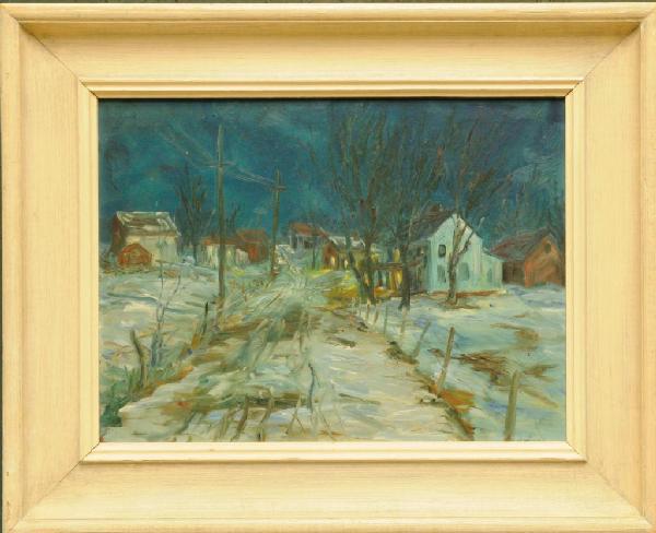 Robert John McClellan (American, b. 1906) Titled o: Robert John McClellan (American, b. 1906) Titled on the verso "Xmas Night"; oil on masonite; signed lower right "R. McClellan"; painted wood frame; image 15 1/4"W, 11 1/4"H, frame 21 1/4"W, 17 1/4"H--