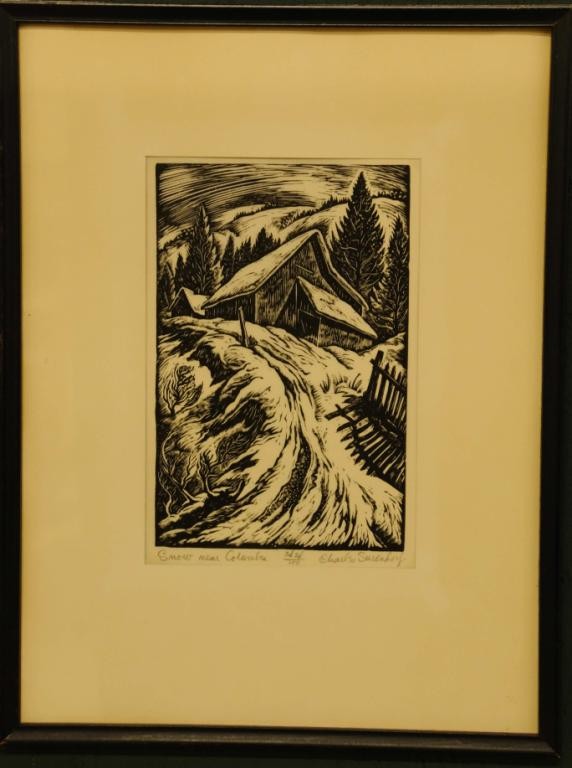 Charles Frederick Surendorf (1906-1979) Framed lin: Charles Frederick Surendorf (1906-1979) Framed linoleum engraving "Snow Near Columbia"; pencil signed lower right, titled lower left, inscribed "3d ed/100" lower center; image 6 1/8"W, 9 1/4"H; frame