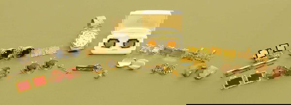 Lot of Assorted Gentleman's Jewelry Including a Pr: Lot of Assorted Gentleman's Jewelry Including a Prestige Quartz watch by Waltham; thirteen pairs of cufflinks--one sterling; two tie clips; two tie tacks; one stick pin; pieces signed Swank, Hickok, D