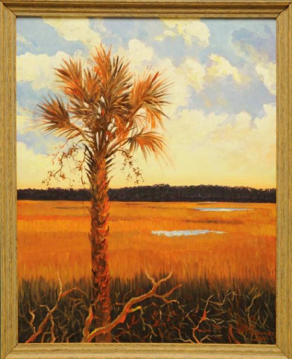 Signed Oil on Canvas by S. C. Artist, Saunders Lon: Signed Oil on Canvas by S. C. Artist, Saunders Lone palmetto tree in wetlands; signed lower right "WA Saunders", a South Carolina artist; 20th century; wood frame; image 19 3/4"W, 25"H; frame 22"W, 27