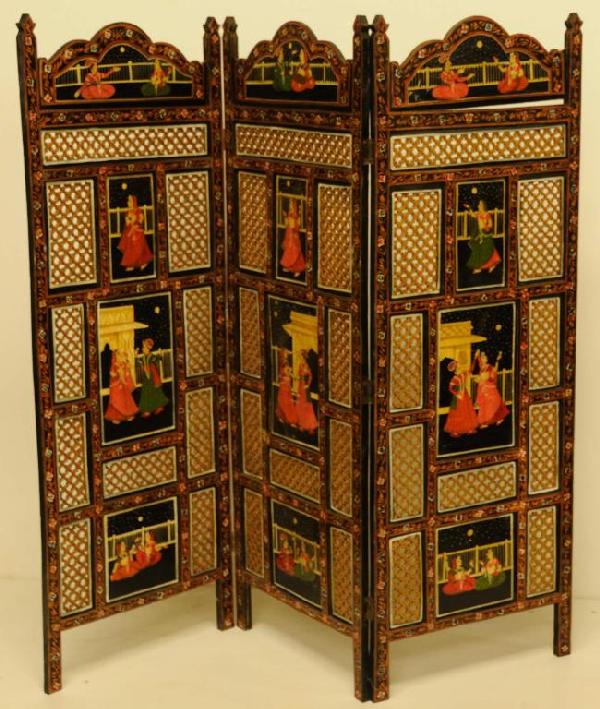 Three-Panel Room Divider Carved panels; black back: Three-Panel Room Divider Carved panels; black background hand-painted both sides with male and female figures dressed in Eastern attire, possibly courtship scenes; 59 1/2"W, 54 1/4"H