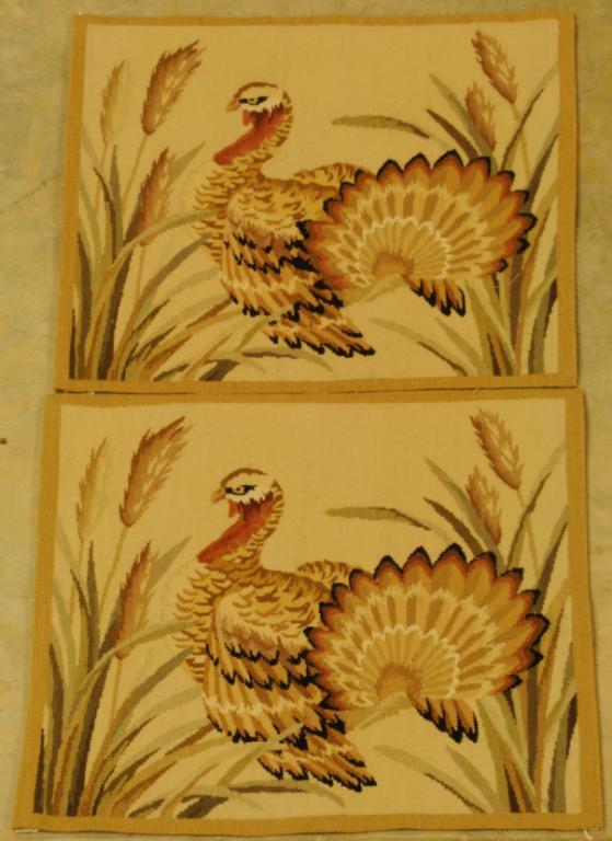 Pr. of Needlepoint Tapestries Each depicting a tur: Pr. of Needlepoint Tapestries Each depicting a turkey; 100% wool; 20th century; 21" x 21"