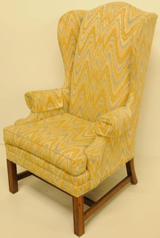 Pennsylvania House Wingback Chair Flame-stitch uph: Pennsylvania House Wingback Chair Flame-stitch upholstery in blue, ivory, gold; 49"H, 30"W, 30"D