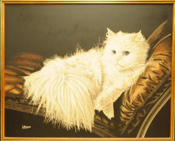 Letterman (American, 20th century) Oil on Canvas C: Letterman (American, 20th century) Oil on Canvas Cat resting on a black and bronze sofa; signed lower left; wood frame with gilt metal trim; image 59 1/4"W, 47 1/2"H; frame 62"W, 50"H; repaired tears 